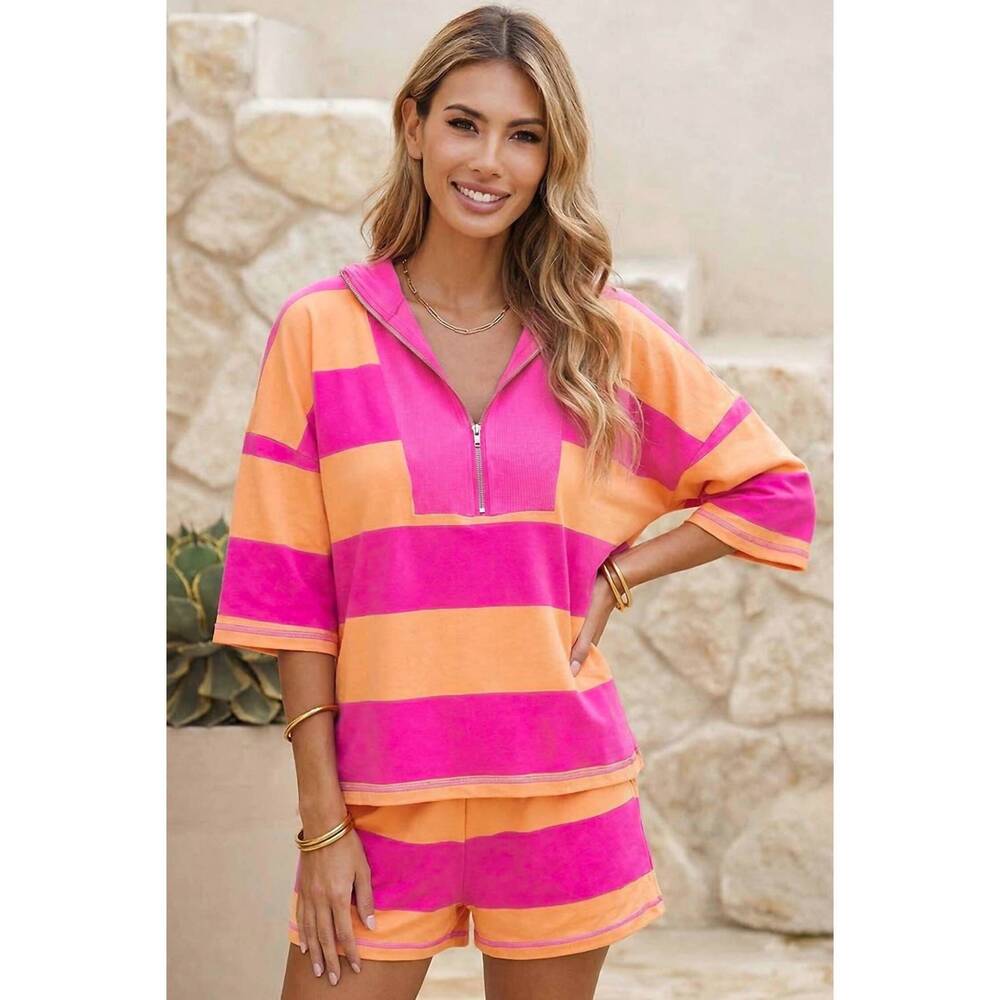 NEW LITTLE DAISY CLOSET rachel half zip short set in pink stripe